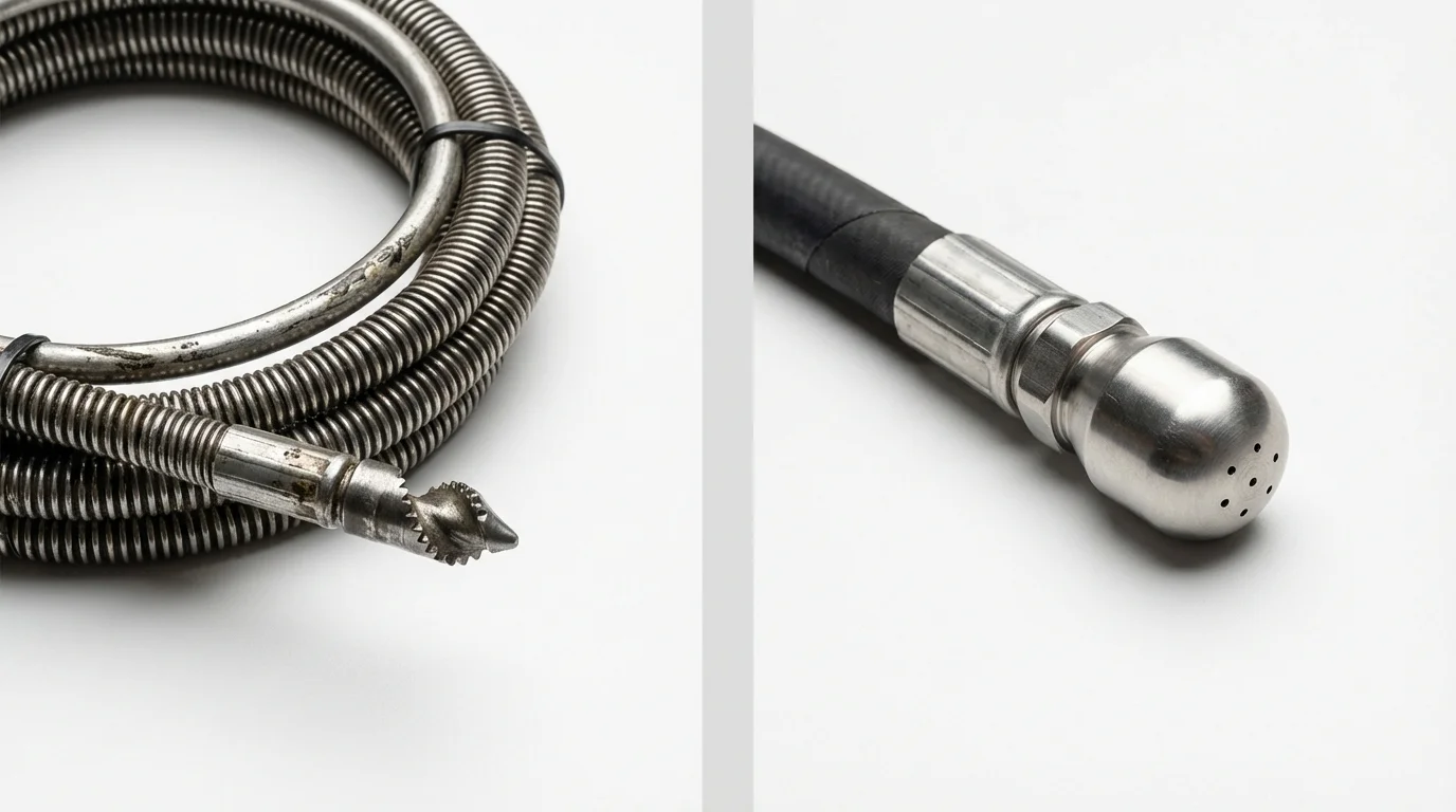 Drain snake cable and hydro jetting nozzle used for drain cleaning in Midlothian, TX