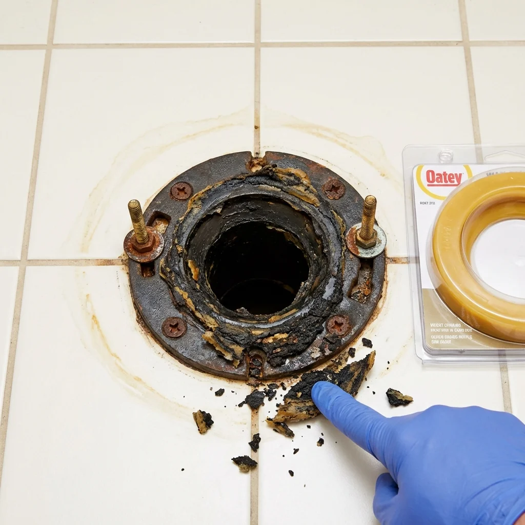 Failed wax ring showing water seepage at the base of a toilet in a Midlothian, TX home